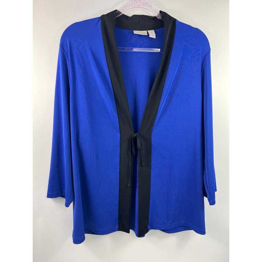 Chico's Easywear Tie Front Cardigan Women's Sz 2 Blue/Black Trim 3/4 Sleeves